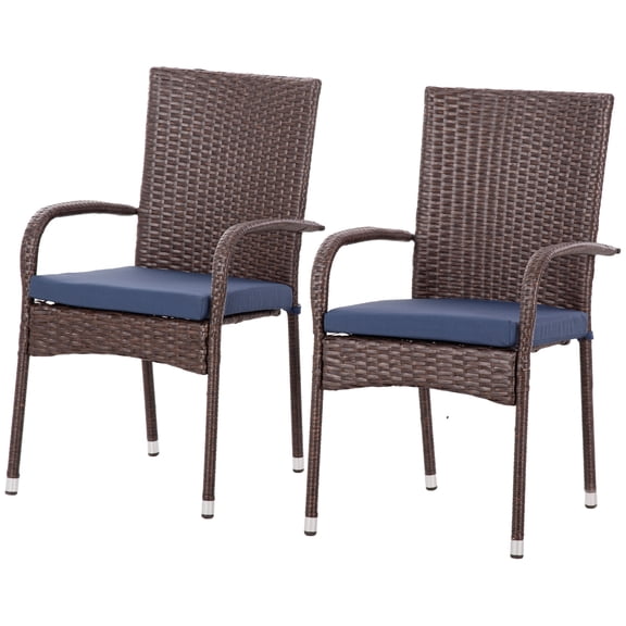 SSLZ Stackable PE Rattan Outdoor Dining Chairs with Cushion, Patio Wicker Dining Chair with Armrests & Backrest, Blue