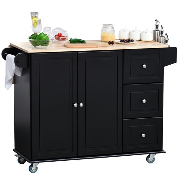 SSLZ Storage Trolley Cart on Wheels, Mobile Kitchen Island with Drop Leaf, Towel/Spice Rack, 3 Drawers, 2-Door Cabinet, Black