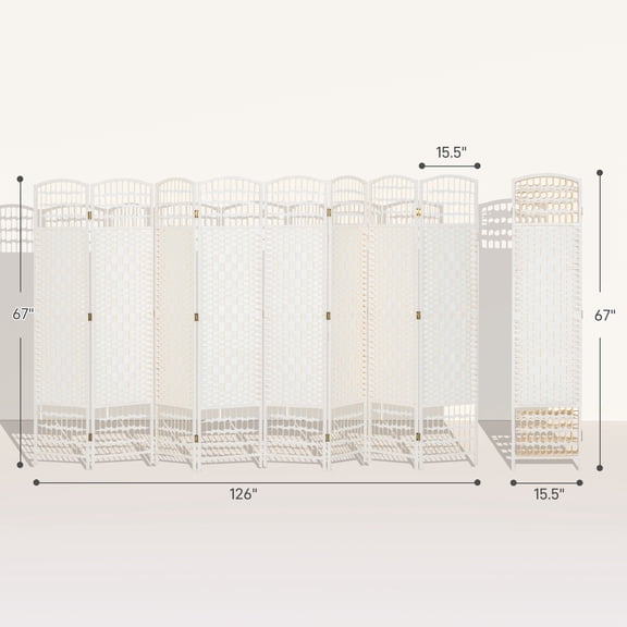 SSLZ White 8 Panel Folding Room Divider Portable Privacy Screen Wave Fiber Partition for Home Office