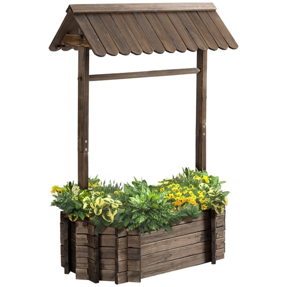 SSLZ Wooden Wishing Well Raised Garden Bed, Ornamental Outdoor Flower Planter for flowers, herbs, vegetables, Rustic Brown