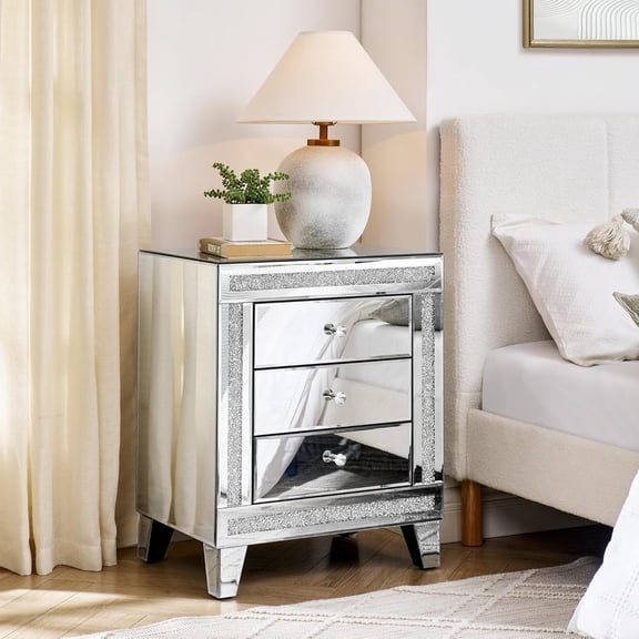 SSLine 3-Drawer Mirrored End Table,Mirrored Nightstand End Tables Bedside Table,Silver Finished Mirror Accent Side Table for Bedroom, Living Room, Entryway,Hallway (Silver9, Without Drawers)
