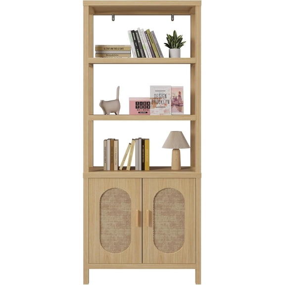 SSLine Boho Rattan Home Office Cabinet 71" Tall Display Cabinet Wooden Bookcase with 2-Doors Cupboard and 3 Open Shelves Rustic Utility Bookshelf Storage Cabinet for Living Room