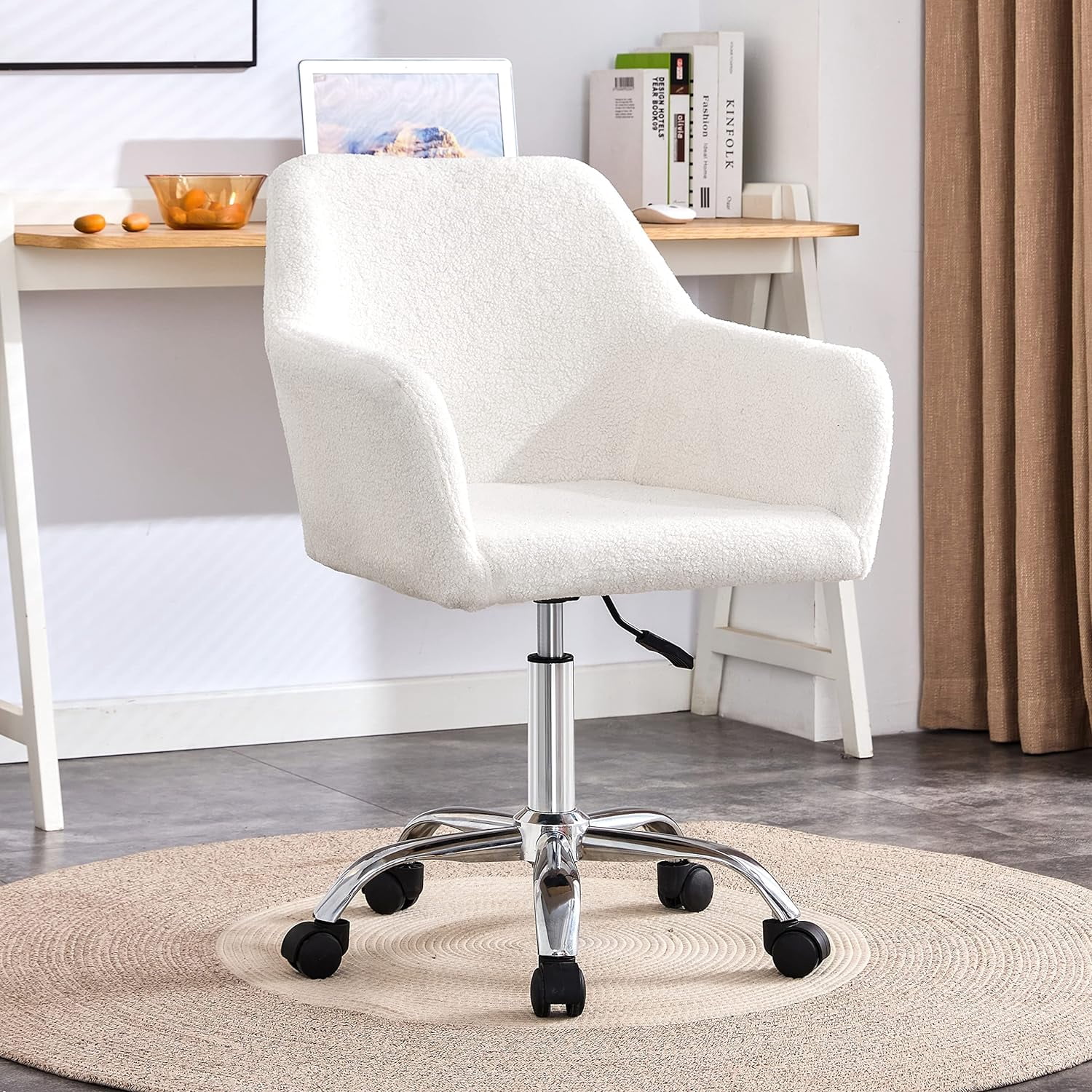SSLine Faux Fur Vanity Chair Elegant White Furry Makeup Desk Chairs for ...