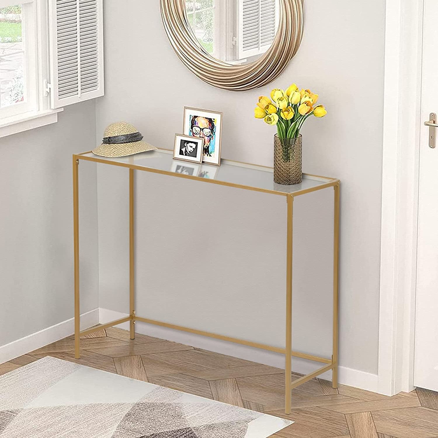 Clear Tempered Glass Console Table - Stainless Steel Frame, Silver, 47.2"L X 15.7"W X 30.7"H, For Hallway Living Room Sofa