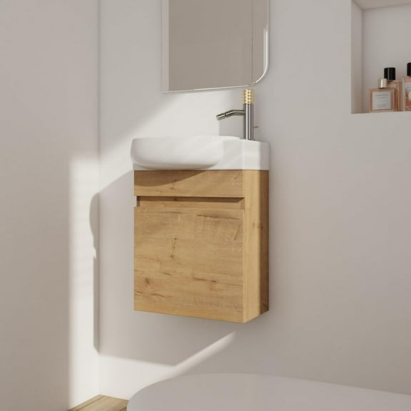 SSLine Wall Mounted Bathroom Vanity with Sink Modern 16" Bathroom Vanity Set with Top Basin & Storage Cabinet Wood Hanging Bath Cabinet w/Oval Ceramic Sink for Small Bathroom (Brown)