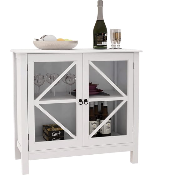 SSLine White Samll Buffet Sideboard Kitchen Server Storage Cabinet Cupboard with Double Glass Doors Modern Elegant Wood Coffee Bar Cabinet Entryway Console Side Tables for Living Room Bedroom