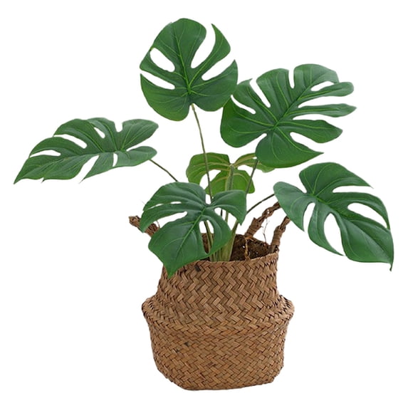SSNTSY 16.5" 1pc 6 Bundles Fake Monstera Leaves with Pot and Woven Flower Basket Artificial Tropical Palm Leaves Tree Faux Swiss Cheese Floor Plants Faux Plants Indoor for Home Living Room Decor