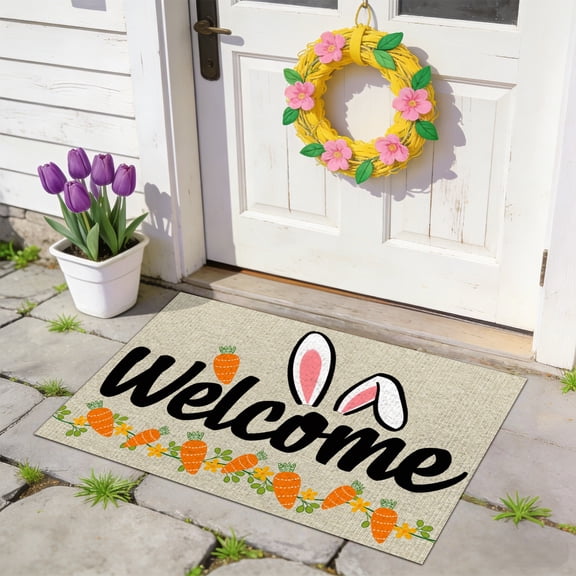 SSNTSY 16" X 24" Easter Welcome Door Mat Happy Easter Bunny Doormat Washable Easter Decor Rug Spring Floor Mat for Indoor Outdoor Entrance