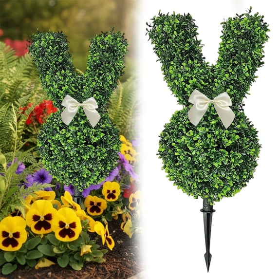SSNTSY 24" Easter Bunny Topiary Tree Easter Outdoor Topiary Bunny-Shaped Tree Faux Rabbit Boxwood Topiaries Plant with Ground Spike for Porch Decor