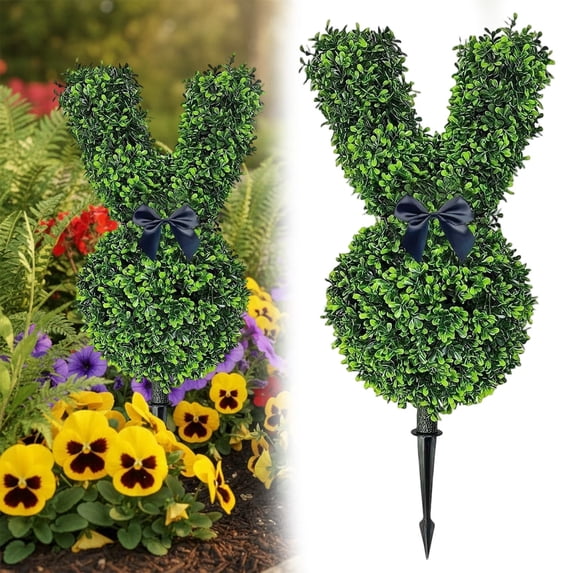 SSNTSY 24" Easter Bunny Topiary Tree Easter Outdoor Topiary Bunny-Shaped Tree Faux Rabbit Boxwood Topiaries Plant with Ground Spike for Porch Decor