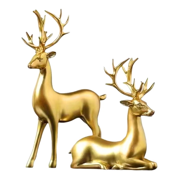 SSNTSY 2pcs Gold Deer Statues, Tabletop Deer Ornaments, Reindeer Figurines Set, Plastic Elk Sculpture, Standing & Sitting Reindeer Figurines for Home Living Room Office Desktop Decoration
