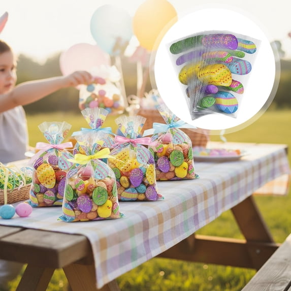 SSNTSY 50pcs 5" x 10.6" Easter Treat Bags Candy Bags Easter Goodie Bags Clear Plastic Gifts Bag with Egg Pattern for Easter Party Favors