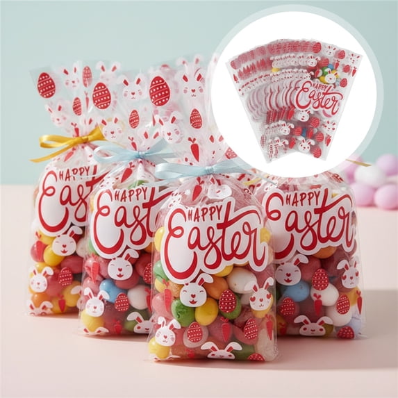 SSNTSY 50pcs 5" x 10.6" Easter Treat Bags Candy Bags Easter Goodie Bags Clear Plastic Gifts Bag with Egg Pattern for Easter Party Favors