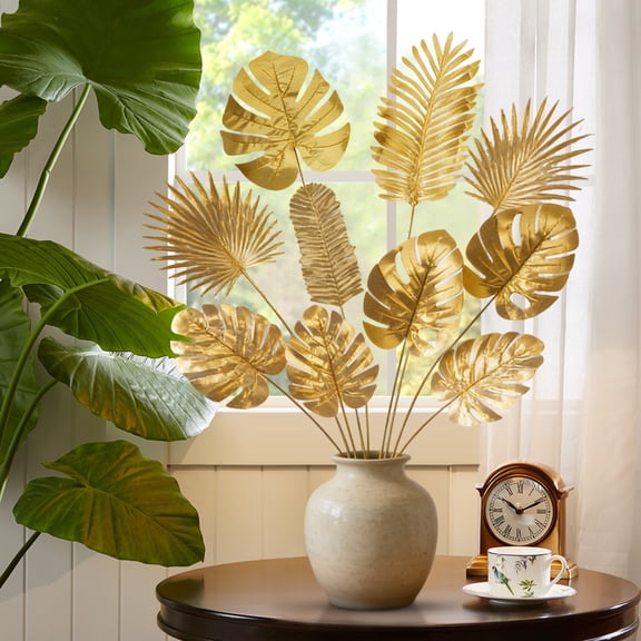 SSNTSY 5pcs Artificial Palm Leaves Stem Gold Monstera Leaves Simulate Plant Personalized Tropical Plant for Home Living Room Kitchen Bedroom Bathroom