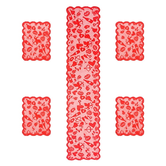 SSNTSY 5pcs Valentines Table Runner & Table Placemat Set Valentine Day Table Mat Lace Valentines Day Table Runner for Home Wedding Party