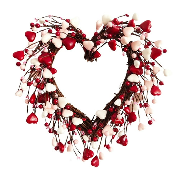SSNTSY Valentine's Day Love Wreath, Artificial Heart Berry Wreath, Valentines Day Wreath with Red White Pink Heart Shaped Berries for Front Door Decor