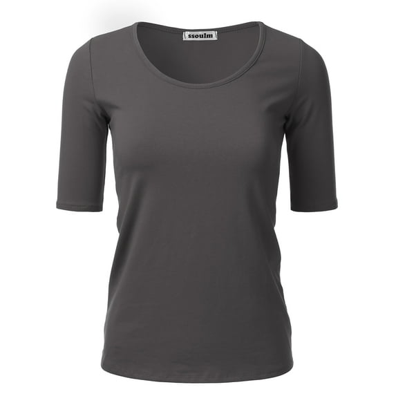SSOULM Women's 1/2 Sleeve Crewneck Cotton Basic Slim Fit T-Shirt Top with Plus Size