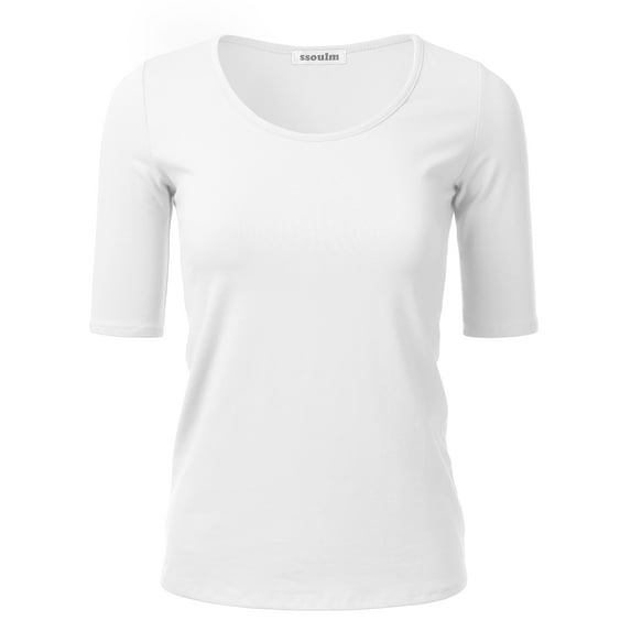 SSOULM Women's 1/2 Sleeve Crewneck Cotton Basic Slim Fit T-Shirt Top with Plus Size