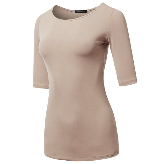 SSOULM Women's 1/2 Sleeve Silky Stretchy Crewneck Slim Fit T-Shirt Top with Plus Size