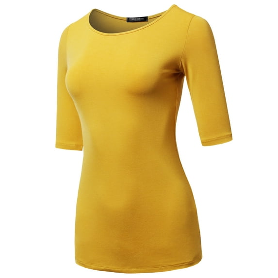 SSOULM Women's 1/2 Sleeve Silky Stretchy Crewneck Slim Fit T-Shirt Top with Plus Size