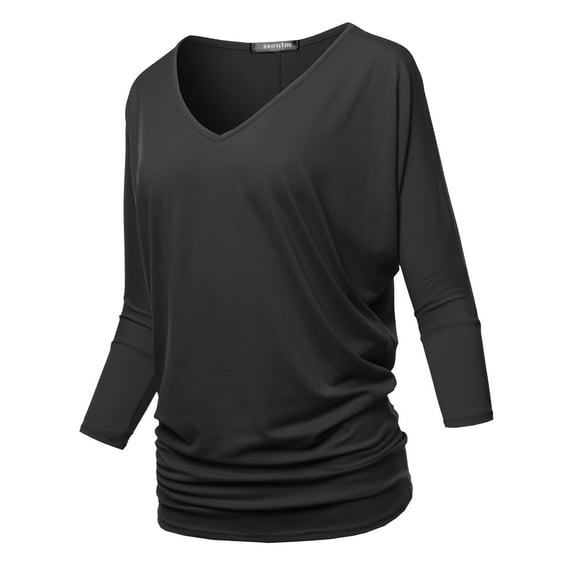 SSOULM Women's 3/4 Sleeve V-Neck Draped Dolman Top (S-3XL)
