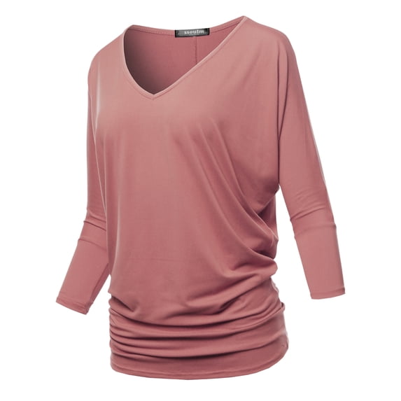 SSOULM Women's 3/4 Sleeve V-Neck Draped Dolman Top (S-3XL)
