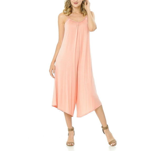 SSOULM Women's Pleated Spaghetti Strap Wide Leg Palazzo Capri Jumpsuit with Plus Size