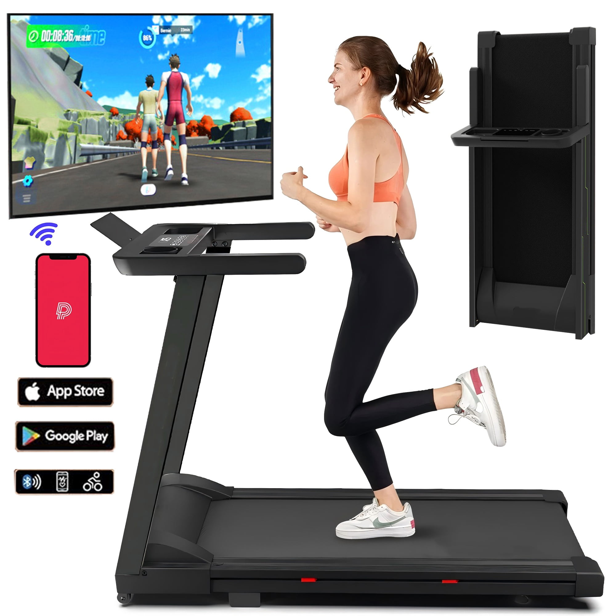 SSPHPPLIE 3HP Folding Treadmill for Home, APP Control , 300LB Walking Pad Running Data Analysis(Red)