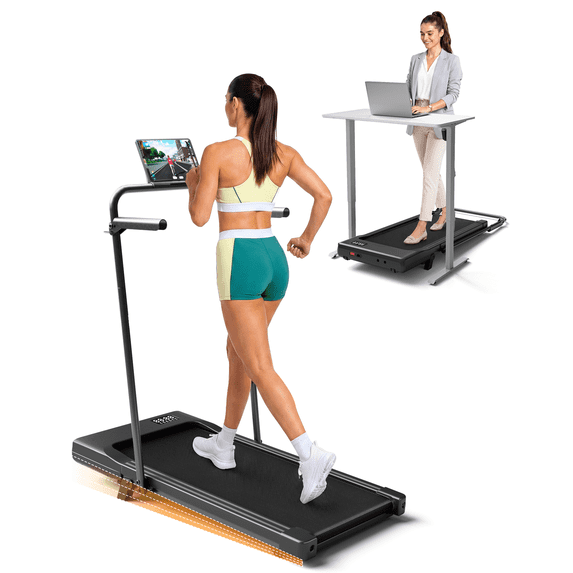SSPHPPLIE 300LBS Capacity Walking Pad with Handrail and Tablet Holder, 6% Incline Under Desk Treadmill for Home Office, Quiet Portable Mini Treadmill with App & Remote Control, No Assembly