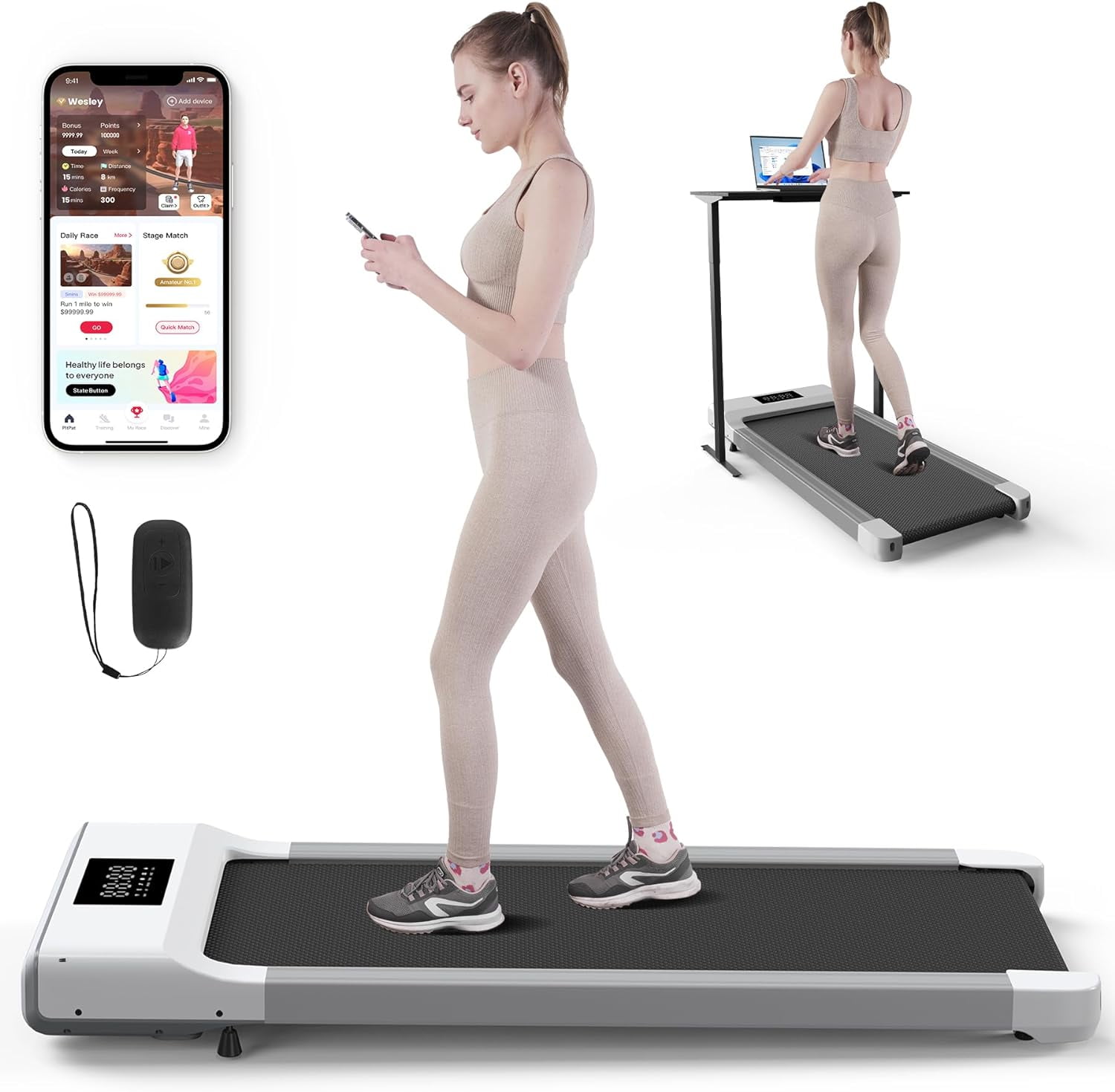 SSPHPPLIE Walking Pad 300lb Under Desk Treadmillwith Remote Control 2 in 1 Portable Walking Pad Treadmill for Home Office Exercise White
