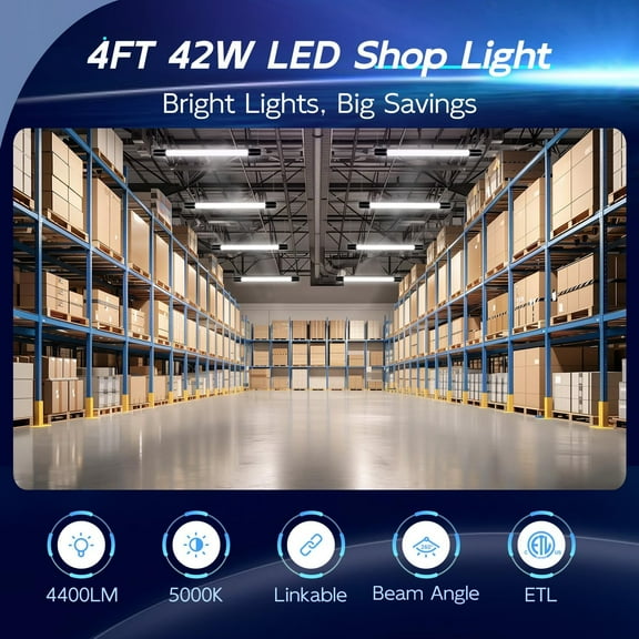 SSS 2 Pack 4FT Linkable LED Shop Light for Garage, 4400lm, 4FT 42W, 5000K Daylight LED Workbench Light Fixture with Plug, Hanging or Surface Mount, Black - ETL