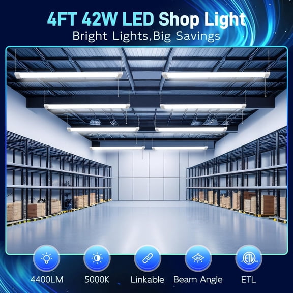 SSS 5000K LED Shop Light Linkable, 4FT Daylight 42W LED Ceiling Lights for Garages, Workshops, Basements, Hanging or FlushMount, Included Power Cord and Pull Chain, 4400lm, ETL- 1 Pack