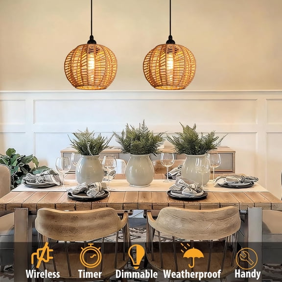 SSS Battery Operated Chandelier, 2Pack Hanging Gazebo Lights, Cactus Shape Boho Rattan Pendant Lights Outdoor Waterproof for Patio Tree Pergola Porch and Indoor Decor