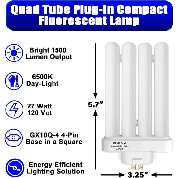 SSS CFML27VLX Replacement Bulb for Verilux CFML27VLX 27 Watt Fluorescent Bulb, Natural Daylight,4-Pin GX10Q-4 Base, 6500K Daylight, 3 Pack