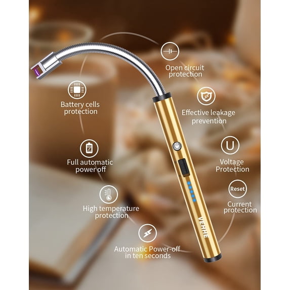 SSS Candle Lighter, 2 Pack Rechargeable Electric Lighter with LED Battery Display Safety Switch, Flexible Neck USB Lighters for Candles Camping Grill Gas Stoves Cooking (Black and Gold)