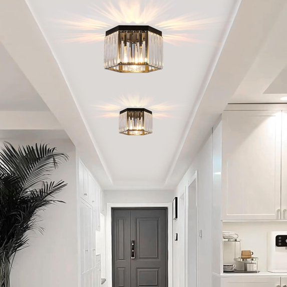 SSS Crystal Flush Mount Ceiling Light, 10.2 Inch Modern Low Profile 1-Light Black & Gold Close to Ceiling Light Fixture for Hallway Entryway Foyer Bedroom Stairwell Closet