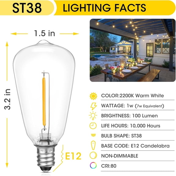 SSS E12/C7 Base LED Replacement Bulbs for ST38 Outdoor String Lights - Not Solar, Vinatge 1W LED Shatterproof Bulb, Warm White 2200K, 25 Pack