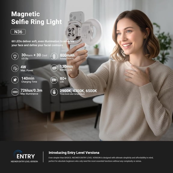 SSS Entry Level Version N36 Magnetic Selfie Ring Light & Phone Cooler Compatible with MagSafe iPhone, 4W Bi Color Foldable Small Plastic LED Fill Lighting 800mAh/CRI80+ for Video Recording Makeup