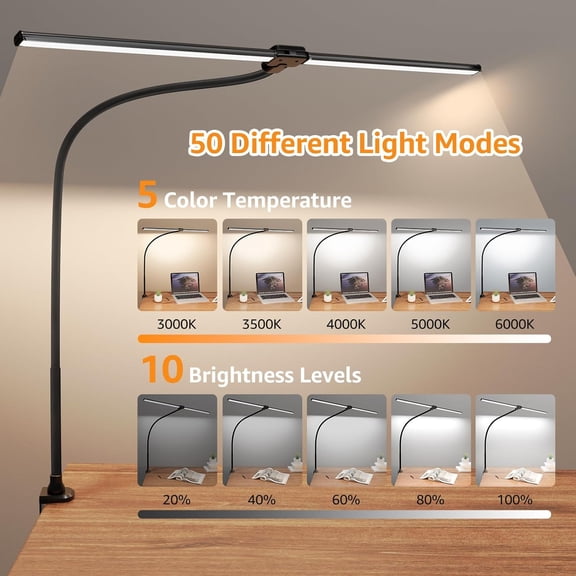 SSS LED Desk Lamp, 31.5" Ultra Wide Double Head Architect Light with Clamp, 50 Adjustable Lighting Modes, Eye-Caring Bright Task Lamp for Home Office, Large Monitor, Memory & Auto-Off Timer