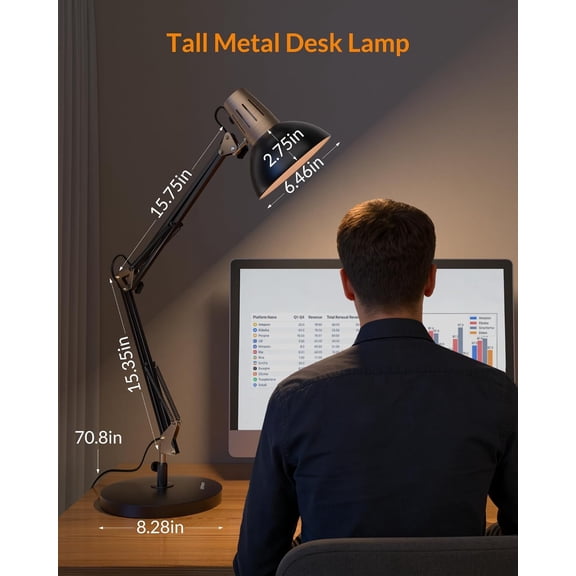 SSS Metal Desk Lamp, Adjustable Goose Neck Architect Table Lamp with On/Off Switch, Swing Arm Desk Lamp with Clamp, Eye-Caring Reading Lamp for Bedroom, Study Room &Office (Sandy Black)