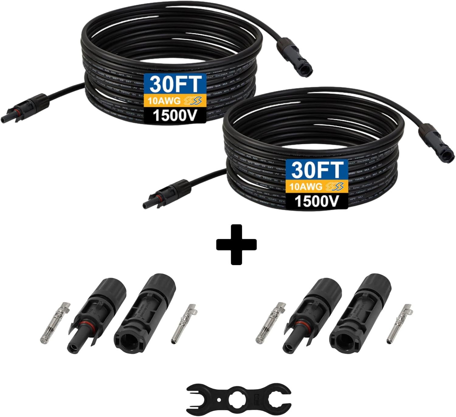 SSS Solar Extension Cable 10AWG 1500V (30ft - One Pair) - Weatherproof Outdoor Solar Panel Cables with Male and Female Connectors, UL 4703