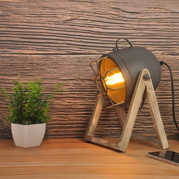 SSS Vintage Table Lamp Grey Old Wood, Retro Searchlight Desk Light for Rustic Decor, Farmhouse Cage Cinema Adjustable Industrial Bedside Lighting for for Loft, Studio, Bedrooms (with no Bulb)