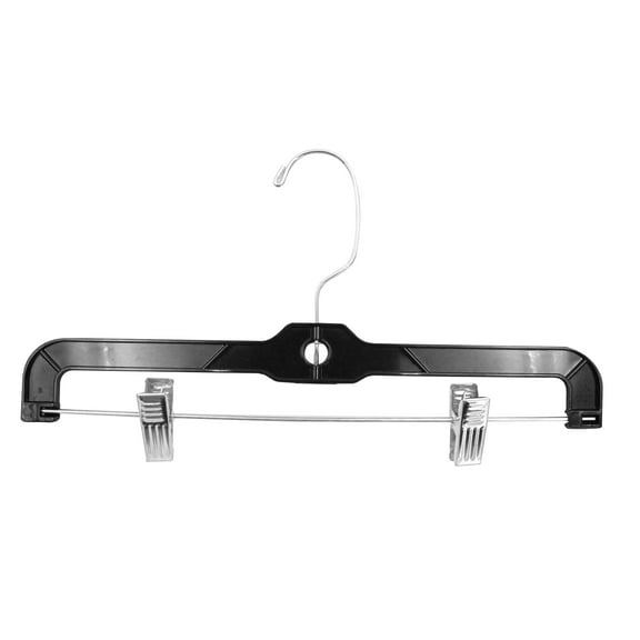 SSWBasics 14-Inch Black Plastic Skirt and Pants Hangers - Pack of 20 with Chrome Swivel Hook Padded Clips - Perfect for Retail and Home Use Holds Up To 6 Pounds
