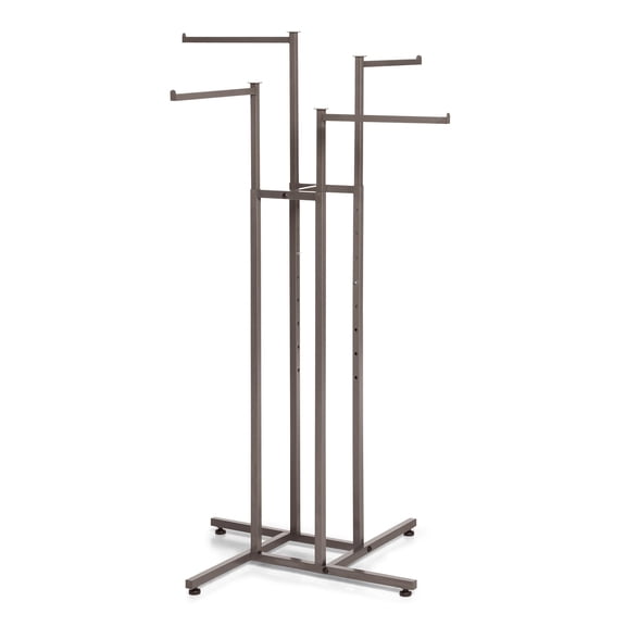 SSWBasics 4-Way Clothing Display Rack  Raw Steel  Straight Arms - Ideal Retail Clothing Rack for Organizing and Showcasing Garments  Durable and Versatile Clothing Display Solution