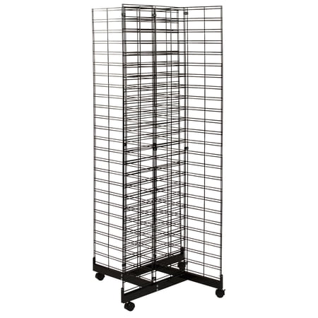 SSWBasics Black 4-Way Slat Grid Tower With Base and Casters- Black Wire Display Rack for Vendors - Multi-Purpose Slat Grid Tower with Base Perfect Retail Display Racks for Gridwall & Fixtures