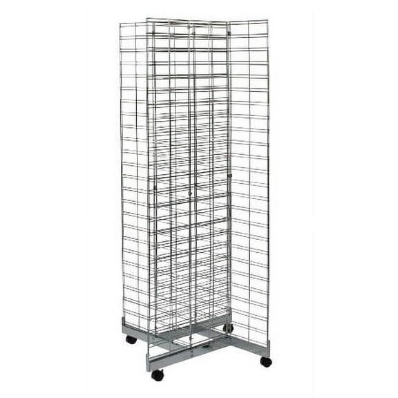 SSWBasics Chrome 4-Way Slat Grid Tower with Base and Casters- Chrome Metal Gridwall Panel Display Stand - Sturdy and Versatile Gridwall & Fixtures - Premium Grid Wall Stand for Retail and Home Use
