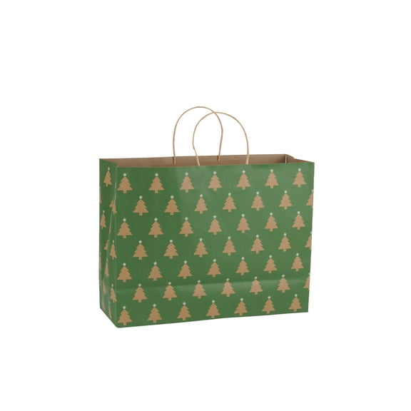 SSWBasics Large - Green Christmas Tree Paper Shopping Bags - Case of 100