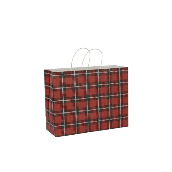 SSWBasics Large - Holiday Red Plaid Paper Shopping Bags - Case of 100