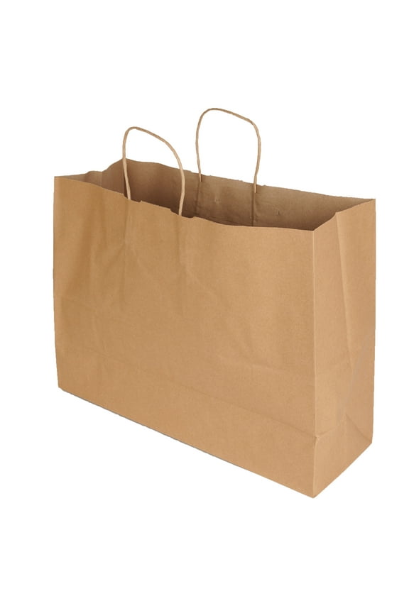 Large Natural Kraft Paper Shopping Bags with Handles - 16"W x 6"D x 12"H - Eco-Friendly Retail & Gift Bags for Events Parties - Case of 25