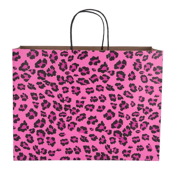 SSWBasics Large Pink Leopard Paper Shopping Bags with Handles - Case of 100